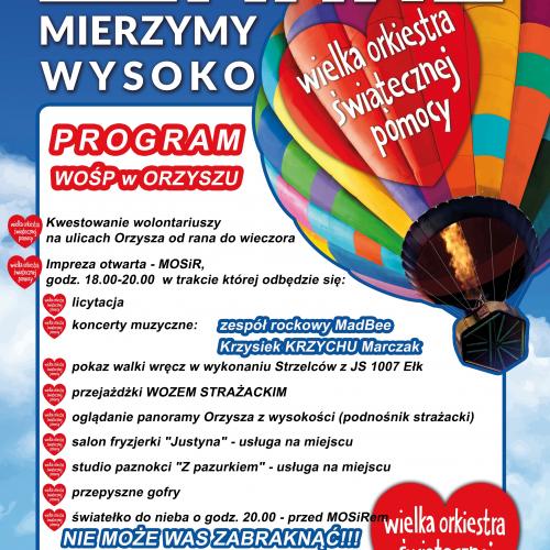 Plakat 24 finału WOŚP w Orzyszu. Na plakacie program imprezy, balon z logiem WOŚP