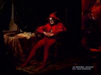 Kolaż obrazu "Stańczyk" z wklejona twarzą Jakuba Kolakowskiego.