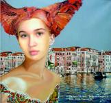 Kolaż obrazu "Bella in Venice 3" z wklejoną twarzą Julii Zawadzkiej.