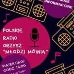 Plakat informacyjny Polskiego Radia Orzysz  "Młodzi Mówią"