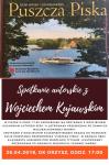 Plakat informujący o spotkaniu autorskim z Wojciechem Kujawskim. Zdjęcie jeziora ze statkiem