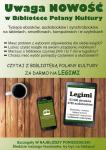 Plakat informujacy o opcji legimi - audiobooki w bibliotece Polany Kultury.