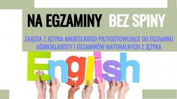Plakat informujący o zajęciach z języka angielskiego. Na dole dłonie trzymające litery układające się w napis English